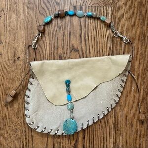 NWOT Artisan Handmade Leather & Suede Saddle Bag Purse with Beaded Strap
